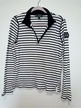 Lauren Ralph Lauren Active Black & White Striped Quarter-Zip Long Sleeve Top